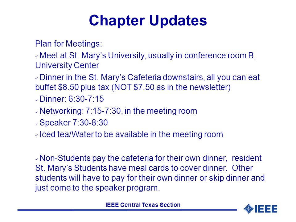 IEEE Central Texas Section Chapter Updates Plan for Meetings: Meet at St.