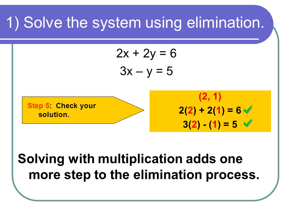 1) Solve the system using elimination. Step 5: Check your solution.
