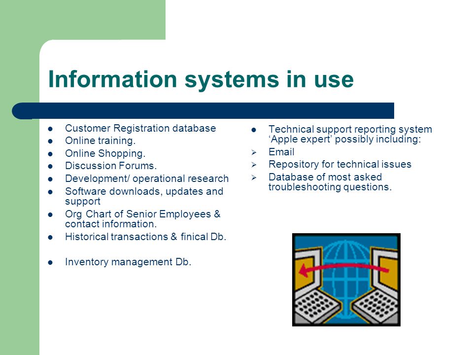Information systems in use Customer Registration database Online training.