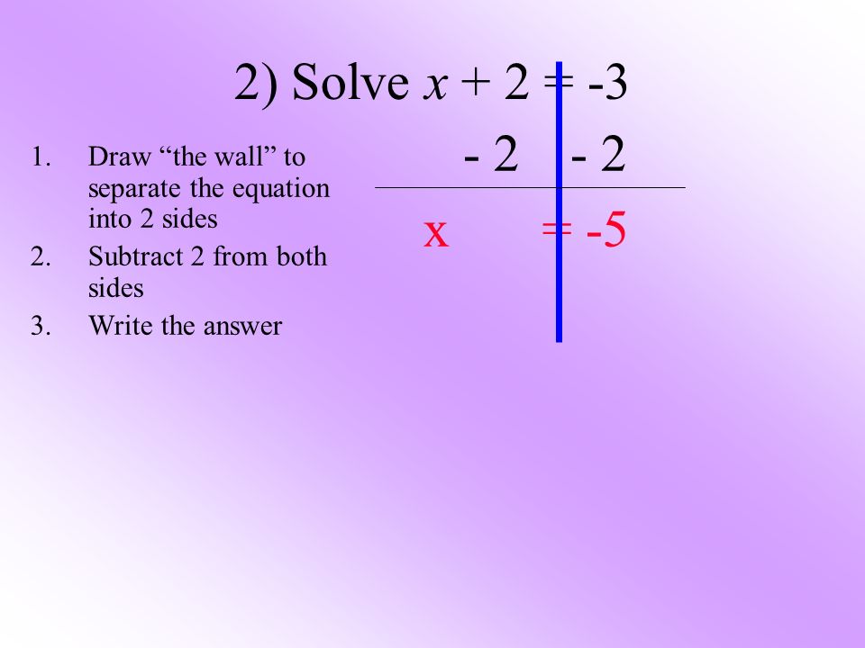 2) Solve x + 2 = x = -5 1.Draw the wall to separate the equation into 2 sides 2.Subtract 2 from both sides 3.Write the answer