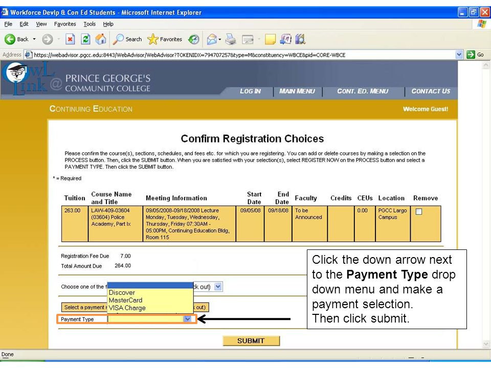 Click the down arrow next to the Payment Type drop down menu and make a payment selection.