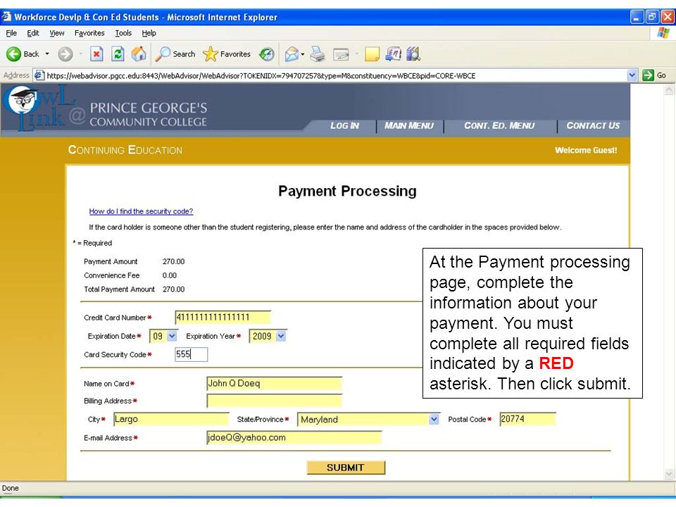 At the Payment processing page, complete the information about your payment.