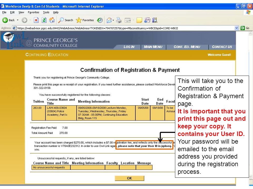 This will take you to the Confirmation of Registration & Payment page.