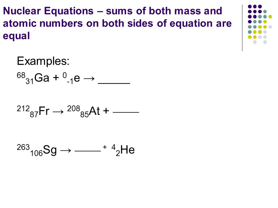 Chapter 21 Nuclear Chemistry 12 Th Edition Radioactivity Review 8 Nuclear Equations Sums Of Both Mass And Atomic Numbers On Sides Equation Are Equal Examples 68 31 Ga 0 1 E 212 87 Fr 208 85 At