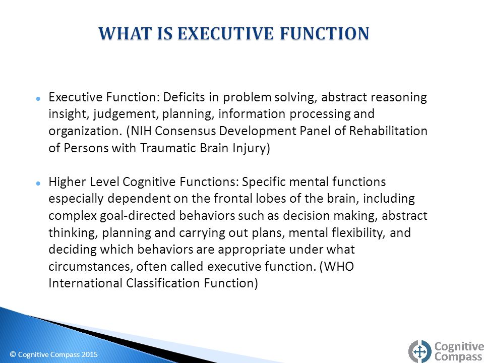 ● Executive Function: Deficits in problem solving, abstract reasoning insight, judgement, planning, information processing and organization.