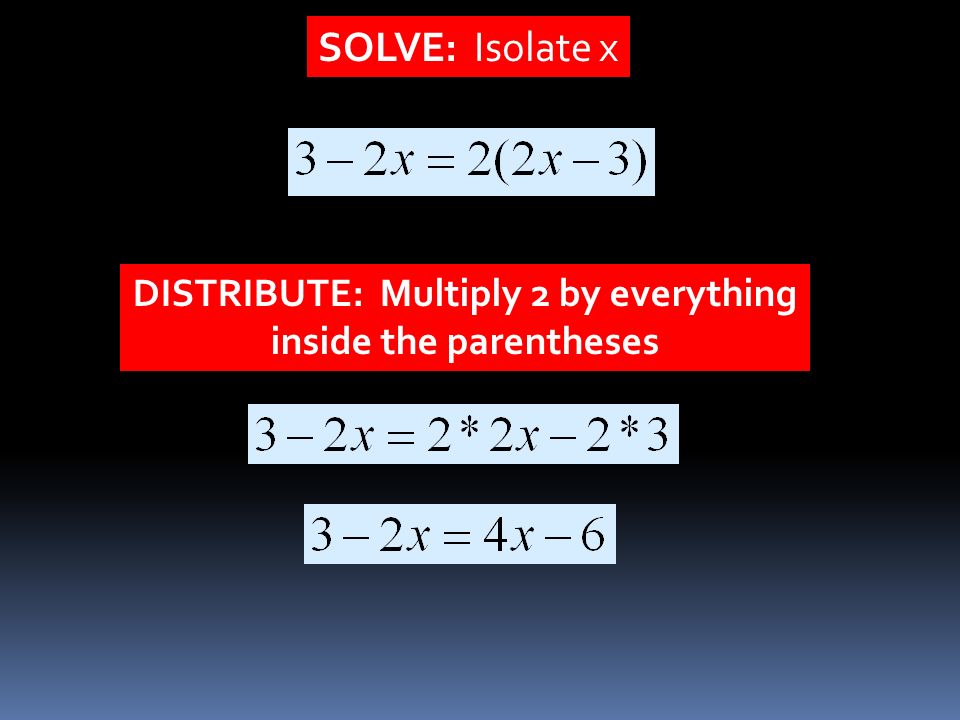 SOLVE: Isolate x DISTRIBUTE: Multiply 2 by everything inside the parentheses