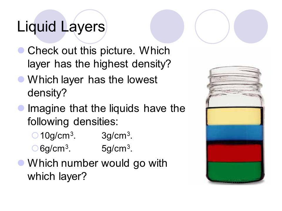 Liquid Layers Check out this picture. Which layer has the highest density.