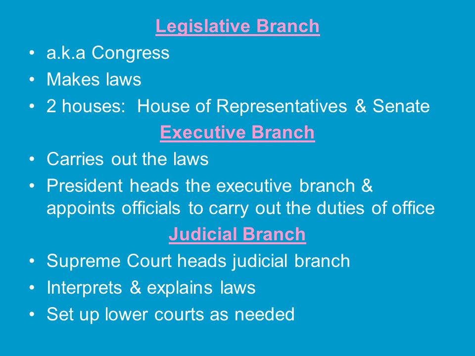 Legislative Branch a.k.a Congress Makes laws 2 houses: House of Representatives & Senate Executive Branch Carries out the laws President heads the executive branch & appoints officials to carry out the duties of office Judicial Branch Supreme Court heads judicial branch Interprets & explains laws Set up lower courts as needed