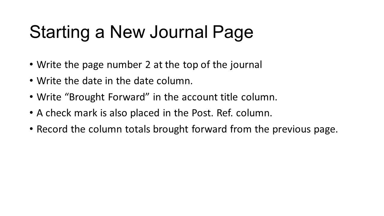Starting a New Journal Page Write the page number 2 at the top of the journal Write the date in the date column.