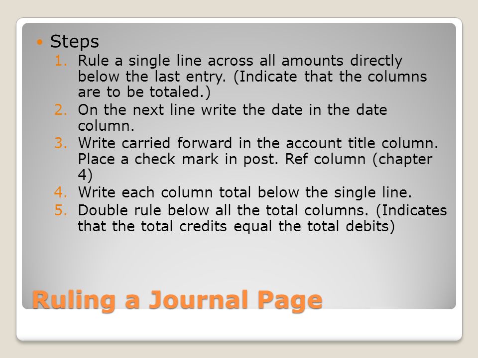 Ruling a Journal Page Steps 1.Rule a single line across all amounts directly below the last entry.