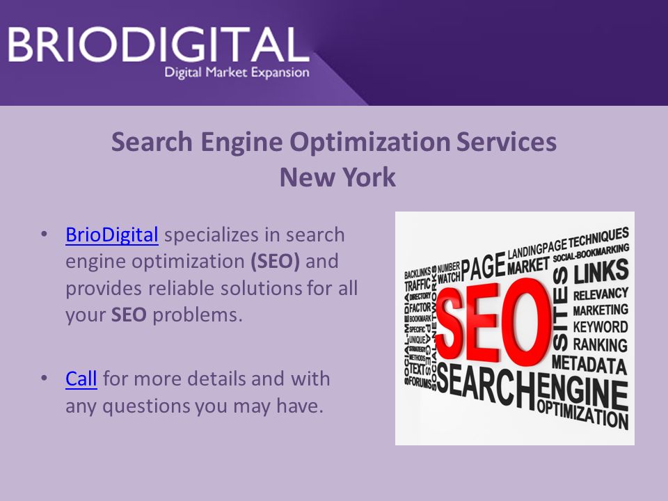 Search Engine Optimization Services New York BrioDigital specializes in search engine optimization (SEO) and provides reliable solutions for all your SEO problems.