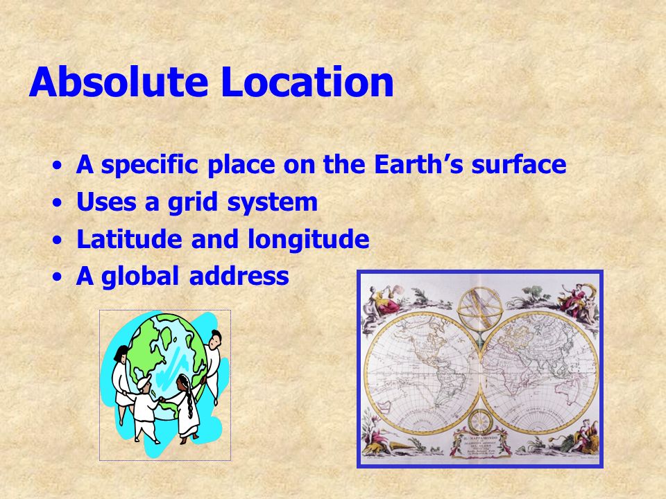 Absolute Location A specific place on the Earth’s surface Uses a grid system Latitude and longitude A global address