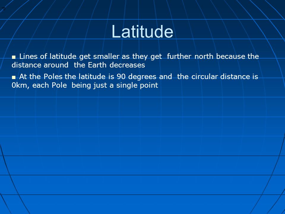 * * 0 Latitude ■ Lines of latitude get smaller as they get further north because the distance around the Earth decreases ■ At the Poles the latitude is 90 degrees and the circular distance is 0km, each Pole being just a single point