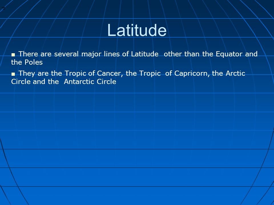 * * 0 Latitude ■ There are several major lines of Latitude other than the Equator and the Poles ■ They are the Tropic of Cancer, the Tropic of Capricorn, the Arctic Circle and the Antarctic Circle