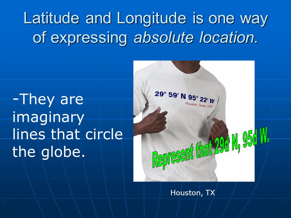 Latitude and Longitude is one way of expressing absolute location.