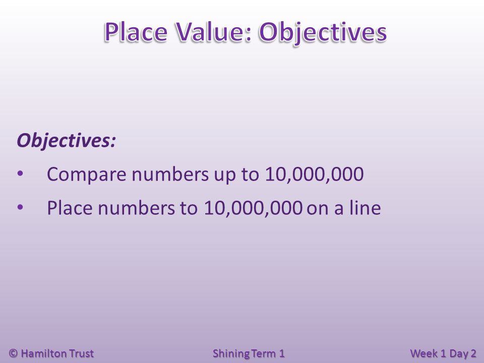 © Hamilton Trust Shining Term 1 Week 1 Day 2 Objectives: Compare numbers up to 10,000,000 Place numbers to 10,000,000 on a line