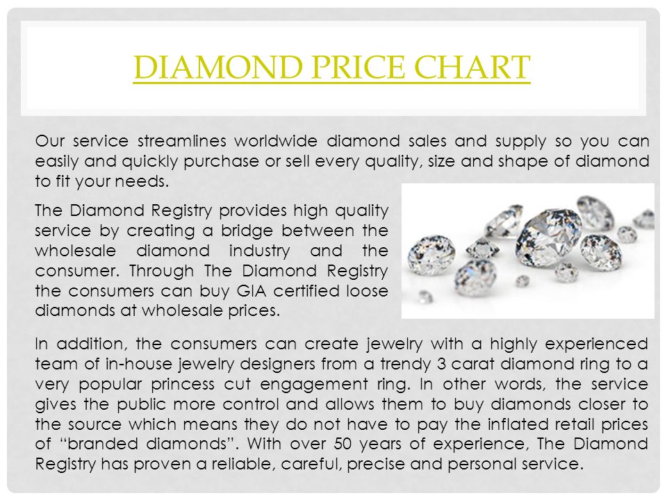 DIAMOND PRICE CHART Our service streamlines worldwide diamond sales and supply so you can easily and quickly purchase or sell every quality, size and shape of diamond to fit your needs.