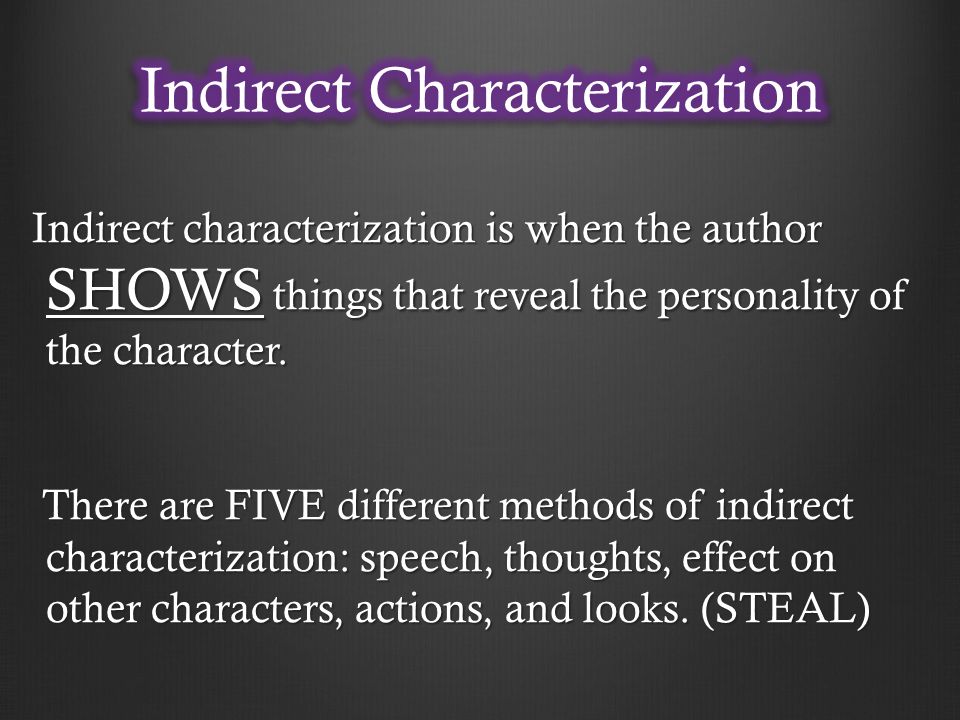 Indirect characterization is when the author SHOWS things that reveal the personality of the character.