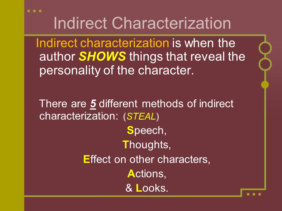 Indirect Characterization Indirect characterization is when the author SHOWS things that reveal the personality of the character.