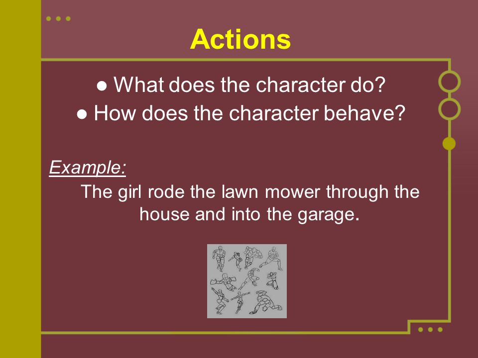 Actions What does the character do. How does the character behave.