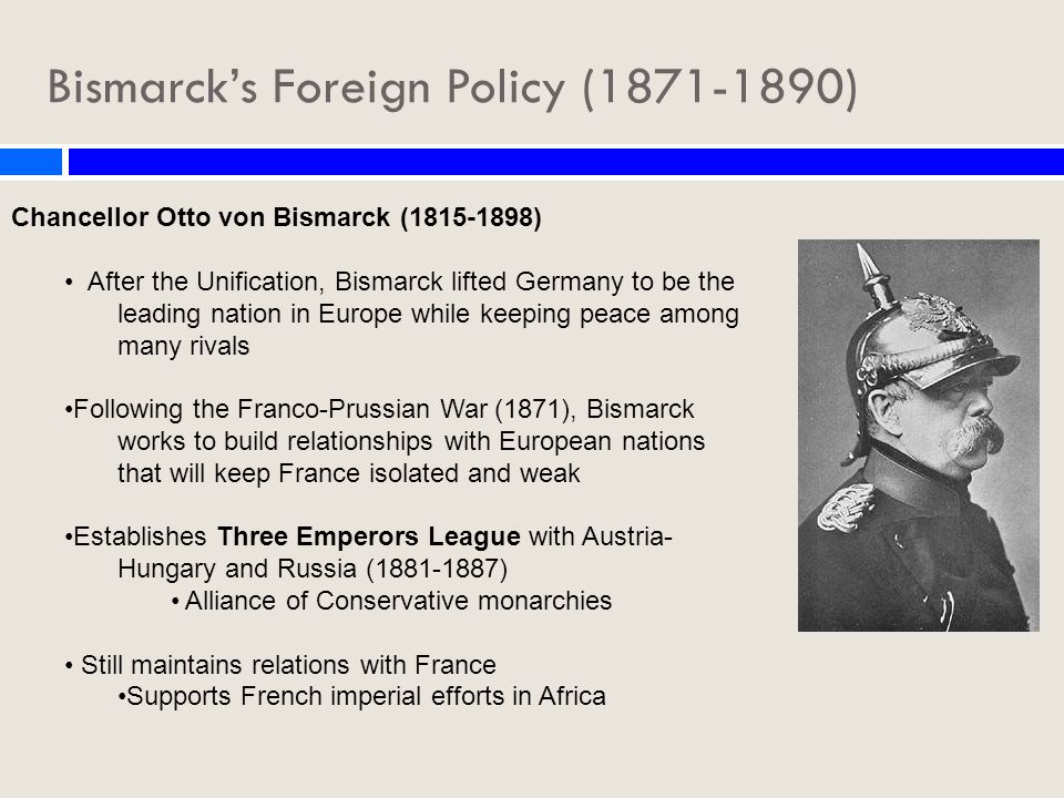 an overview of the influence of otto von bismarck on germany Otto eduard leopold, prince von bismarck, duke of lauenburg (april 1, 1815 – july 30, 1898) was one of the most prominent european aristocrats and statesmen of the nineteenth century as minister-president of prussia from 1862 to 1890, he engineered the unification of the numerous states of germany from 1867 on, he was chancellor. an overview of the influence of otto von bismarck on germany Otto eduard leopold, prince von bismarck, duke of lauenburg (april 1, 1815 – july 30, 1898) was one of the most prominent european aristocrats and statesmen of the nineteenth century as minister-president of prussia from 1862 to 1890, he engineered the unification of the numerous states of germany from 1867 on, he was chancellor.