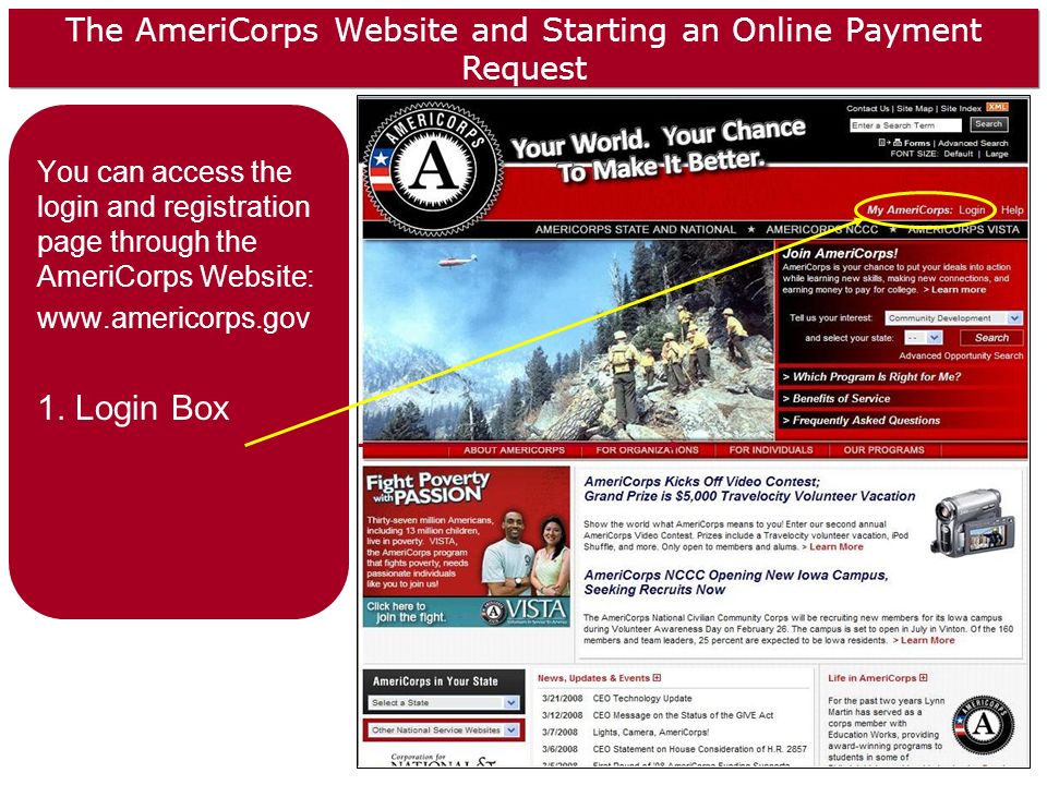 The AmeriCorps Website and Starting an Online Payment Request You can access the login and registration page through the AmeriCorps Website:   1.