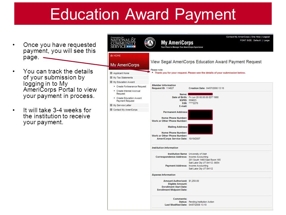 Education Award Payment Once you have requested payment, you will see this page.