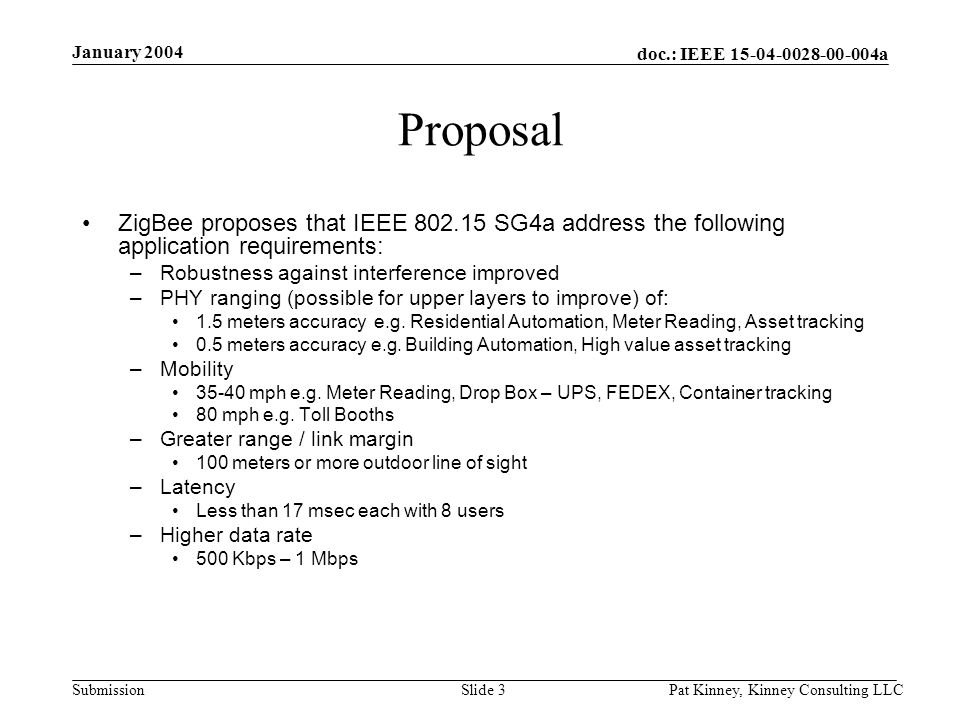 doc.: IEEE a Submission January 2004 Pat Kinney, Kinney Consulting LLCSlide 3 Proposal ZigBee proposes that IEEE SG4a address the following application requirements: –Robustness against interference improved –PHY ranging (possible for upper layers to improve) of: 1.5 meters accuracy e.g.