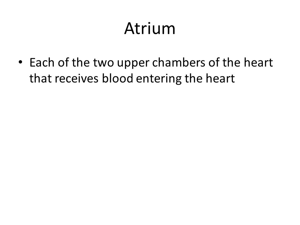 Atrium Each of the two upper chambers of the heart that receives blood entering the heart