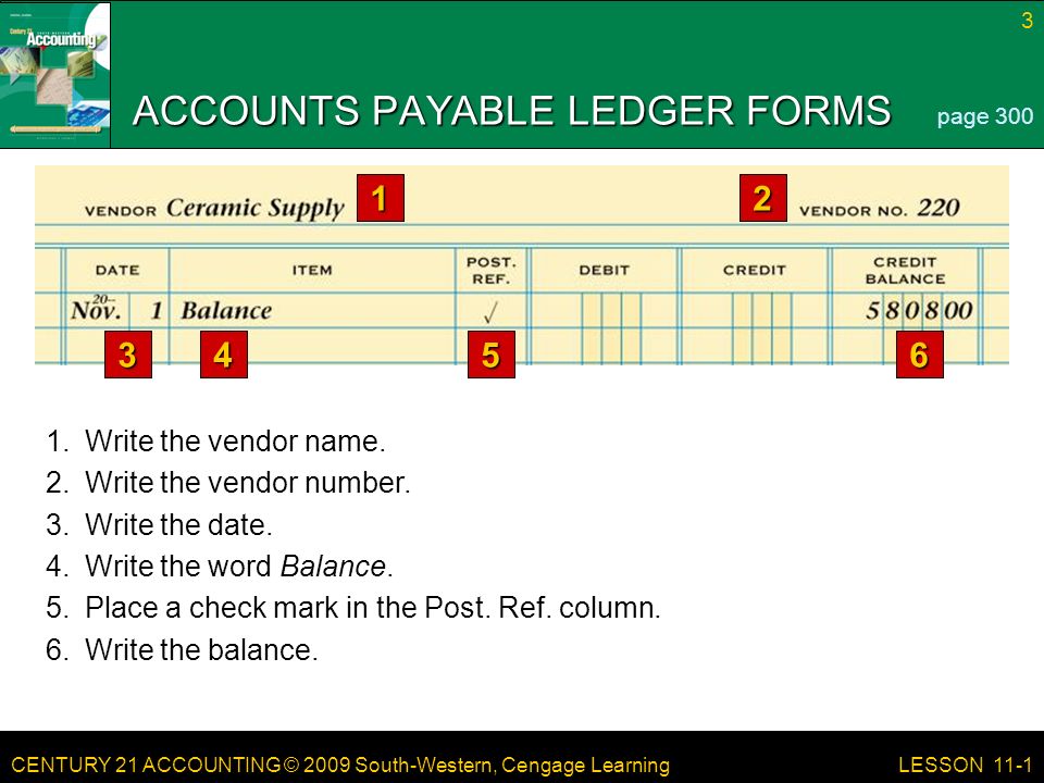 CENTURY 21 ACCOUNTING © 2009 South-Western, Cengage Learning 3 LESSON 11-1 ACCOUNTS PAYABLE LEDGER FORMS page Write the vendor name.