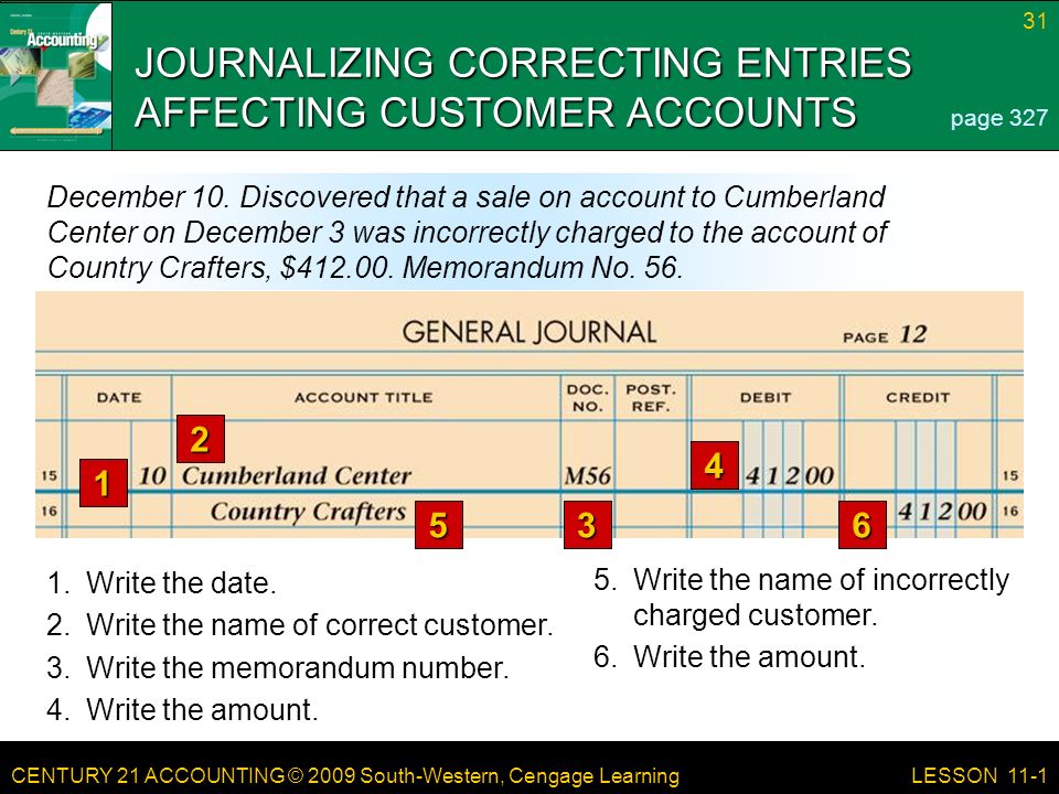 CENTURY 21 ACCOUNTING © 2009 South-Western, Cengage Learning 31 LESSON 11-1 JOURNALIZING CORRECTING ENTRIES AFFECTING CUSTOMER ACCOUNTS page 327 December 10.