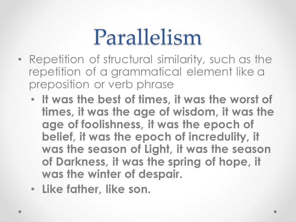 syntactic parallelism Anaphora vs parallelism repetition is a style of writing used by writers, to achieve many things a writer repeats an idea mainly because he feels it is. syntactic parallelism Anaphora vs parallelism repetition is a style of writing used by writers, to achieve many things a writer repeats an idea mainly because he feels it is.
