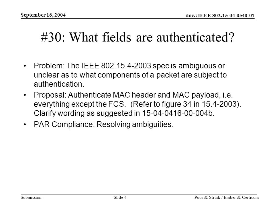 doc.: IEEE Submission September 16, 2004 Poor & Struik / Ember & CerticomSlide 4 #30: What fields are authenticated.