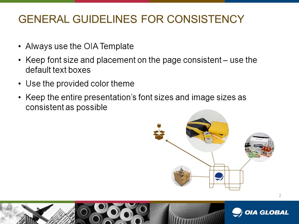 GENERAL GUIDELINES FOR CONSISTENCY Always use the OIA Template Keep font size and placement on the page consistent – use the default text boxes Use the provided color theme Keep the entire presentation’s font sizes and image sizes as consistent as possible 2