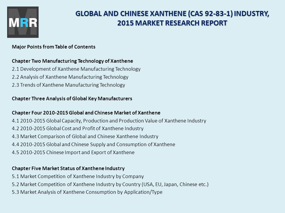 Major Points from Table of Contents Chapter Two Manufacturing Technology of Xanthene 2.1 Development of Xanthene Manufacturing Technology 2.2 Analysis of Xanthene Manufacturing Technology 2.3 Trends of Xanthene Manufacturing Technology Chapter Three Analysis of Global Key Manufacturers Chapter Four Global and Chinese Market of Xanthene Global Capacity, Production and Production Value of Xanthene Industry Global Cost and Profit of Xanthene Industry 4.3 Market Comparison of Global and Chinese Xanthene Industry Global and Chinese Supply and Consumption of Xanthene Chinese Import and Export of Xanthene Chapter Five Market Status of Xanthene Industry 5.1 Market Competition of Xanthene Industry by Company 5.2 Market Competition of Xanthene Industry by Country (USA, EU, Japan, Chinese etc.) 5.3 Market Analysis of Xanthene Consumption by Application/Type GLOBAL AND CHINESE XANTHENE (CAS ) INDUSTRY, 2015 MARKET RESEARCH REPORT