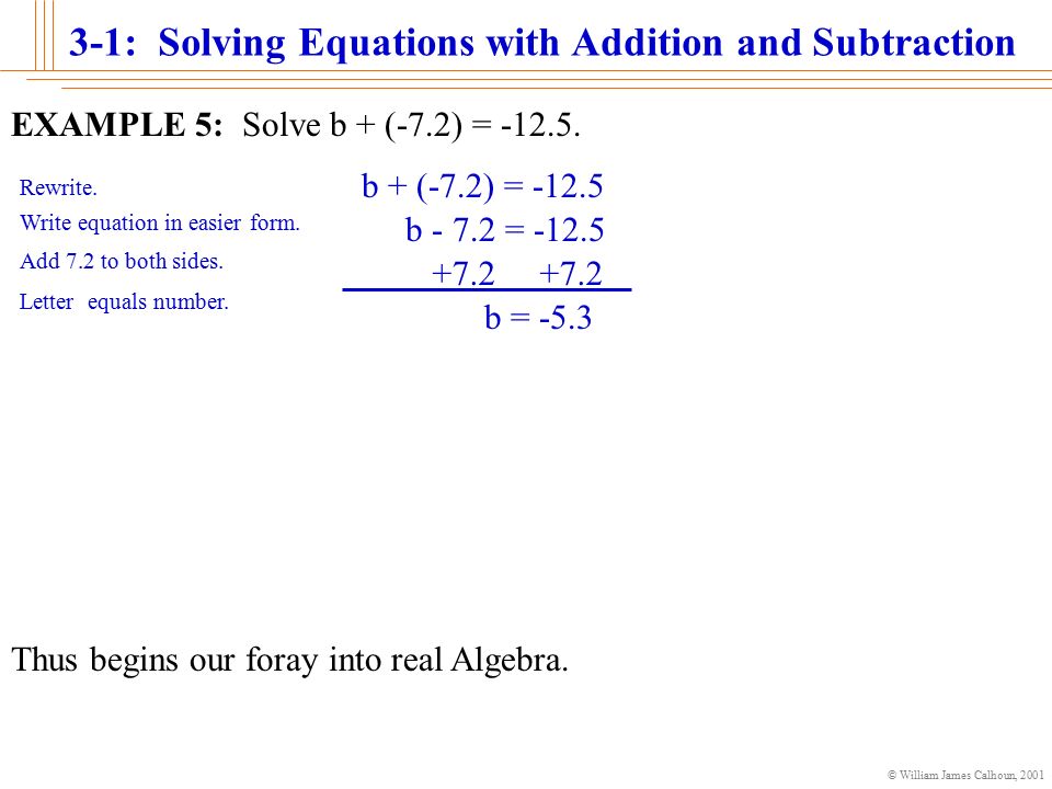 William James Calhoun Solving Equations With Addition And William James Calhoun 2001 Example 3 Solve A 9