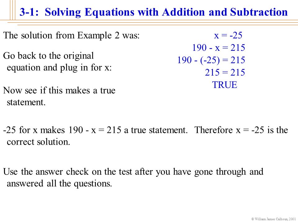 William James Calhoun Solving Equations With Addition And William James Calhoun 2001 3 1 Solving Equations With Addition And Subtraction