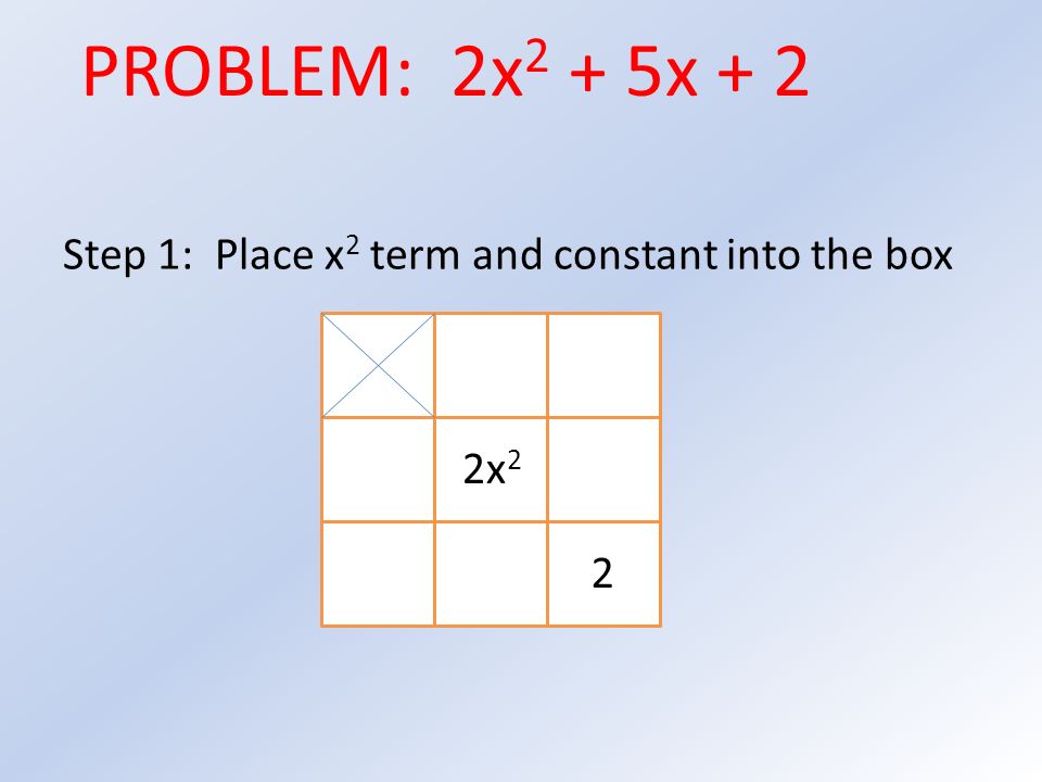 Step 1: Place x 2 term and constant into the box 2x 2 2 PROBLEM: 2x 2 + 5x + 2