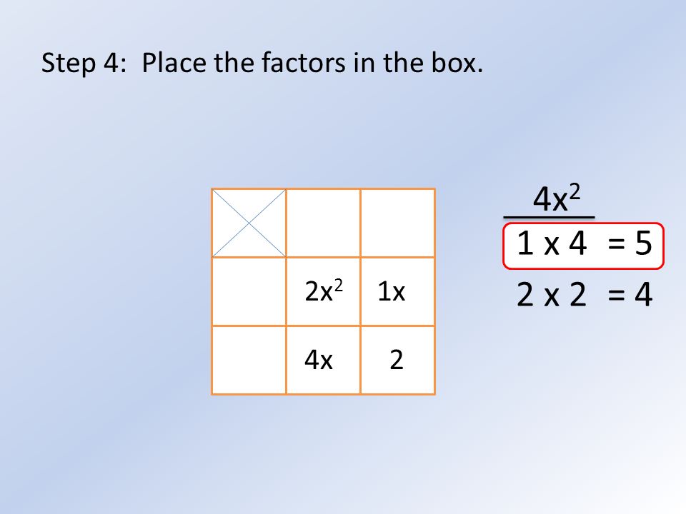 1 x 4 Step 4: Place the factors in the box. 2x 2 2 4x 2 2 x 2 = 5 = 4 1x 4x
