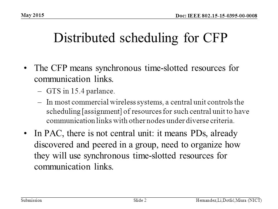 Doc: IEEE Submission Distributed scheduling for CFP The CFP means synchronous time-slotted resources for communication links.