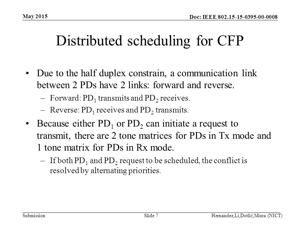 Doc: IEEE Submission Distributed scheduling for CFP Due to the half duplex constrain, a communication link between 2 PDs have 2 links: forward and reverse.