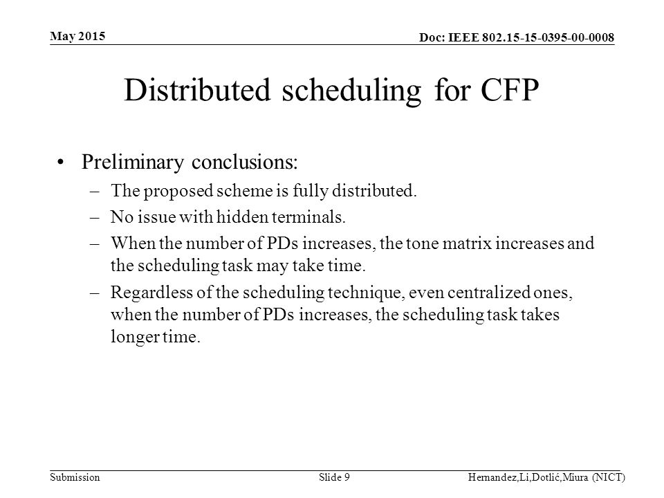 Doc: IEEE Submission Distributed scheduling for CFP Preliminary conclusions: –The proposed scheme is fully distributed.