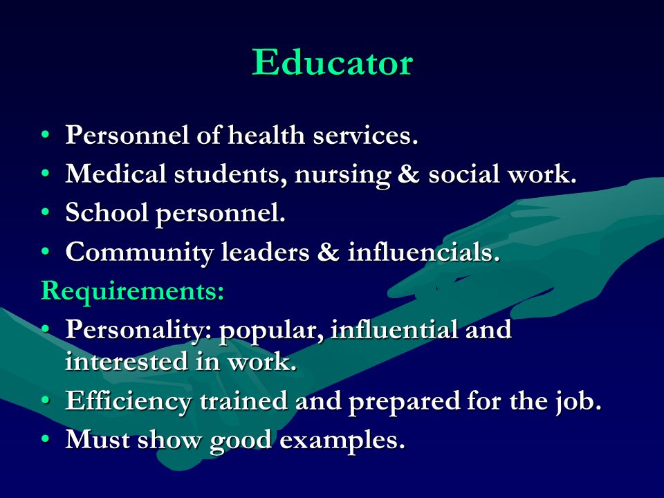 Educator Personnel of health services.Personnel of health services.