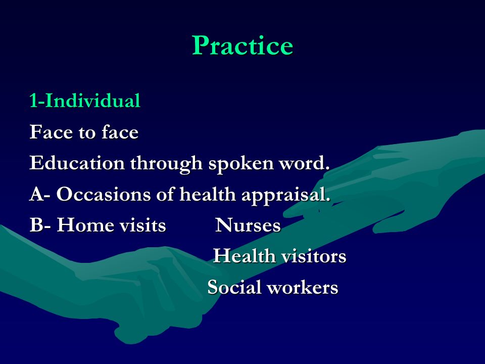 Practice 1-Individual Face to face Education through spoken word.
