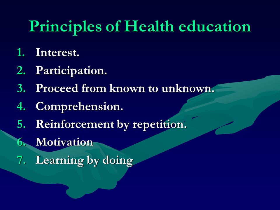 Principles of Health education 1.Interest. 2.Participation.