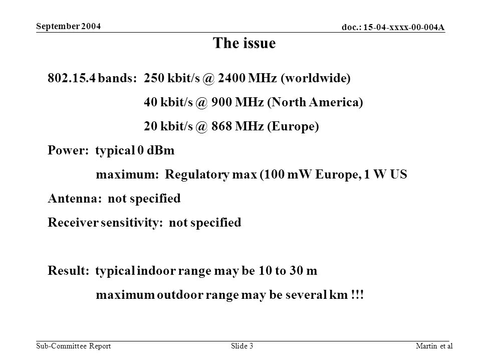 doc.: xxxx A Sub-Committee Report September 2004 Martin et alSlide 3 The issue bands: MHz (worldwide) MHz (North America) MHz (Europe) Power: typical 0 dBm maximum: Regulatory max (100 mW Europe, 1 W US Antenna: not specified Receiver sensitivity: not specified Result: typical indoor range may be 10 to 30 m maximum outdoor range may be several km !!!