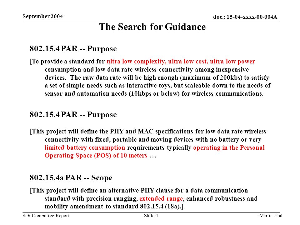doc.: xxxx A Sub-Committee Report September 2004 Martin et alSlide 4 The Search for Guidance PAR -- Purpose [To provide a standard for ultra low complexity, ultra low cost, ultra low power consumption and low data rate wireless connectivity among inexpensive devices.