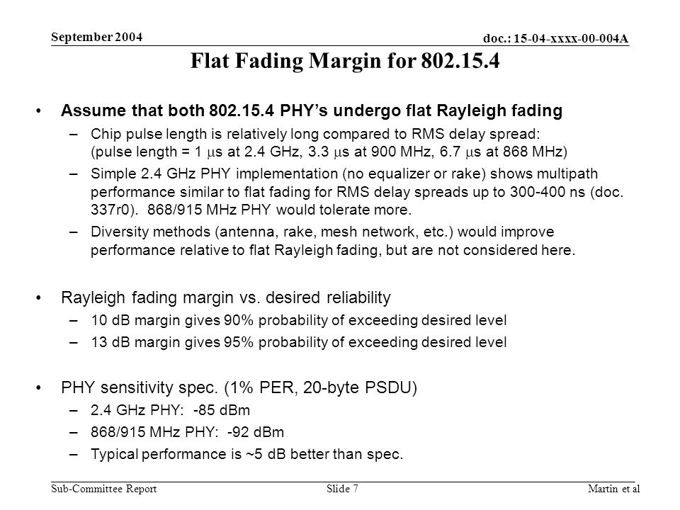 doc.: xxxx A Sub-Committee Report September 2004 Martin et alSlide 7 Flat Fading Margin for Assume that both PHY’s undergo flat Rayleigh fading –Chip pulse length is relatively long compared to RMS delay spread: (pulse length = 1  s at 2.4 GHz, 3.3  s at 900 MHz, 6.7  s at 868 MHz) –Simple 2.4 GHz PHY implementation (no equalizer or rake) shows multipath performance similar to flat fading for RMS delay spreads up to ns (doc.
