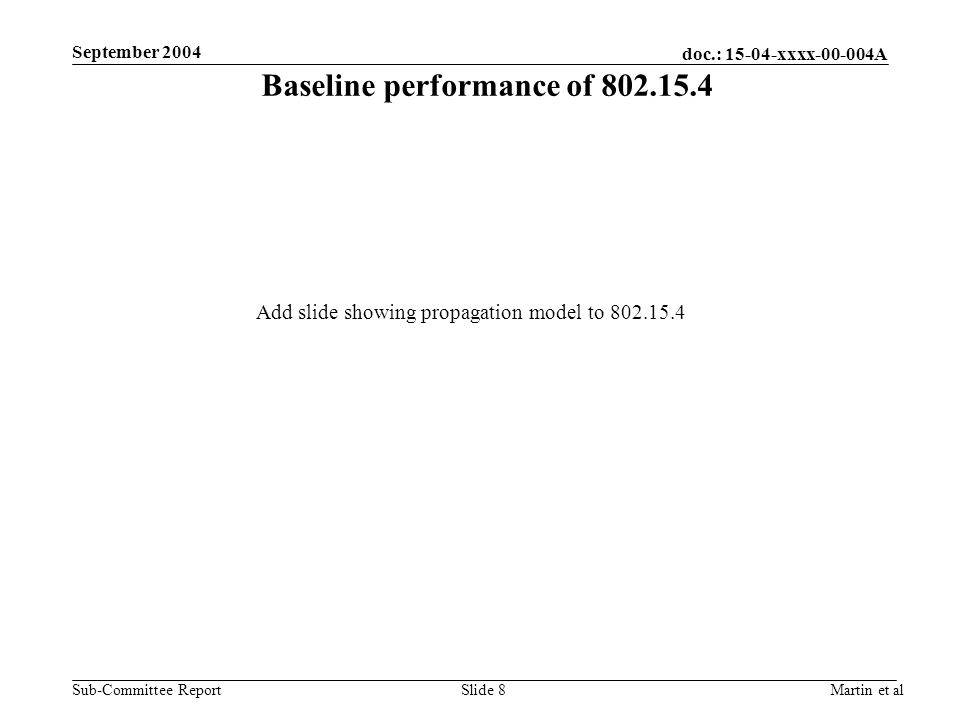 doc.: xxxx A Sub-Committee Report September 2004 Martin et alSlide 8 Baseline performance of Add slide showing propagation model to