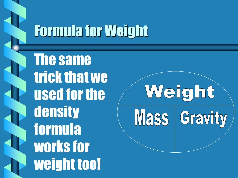 Formula for Determining Weight  Weight = Mass X Gravity  Force of gravity = 9.8 m/s/s (m/s 2 )  Unit of weight = Newton (N) ONLY when your original unit of mass is Kg - kg x m/s 2  This means that an N is the same as a kg x m/s 2  Unit of weight when your original unit of mass is grams is g x m/s 2  Unit of weight when your original unit of mass is mg is mg x m/s 2